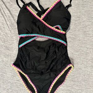Popvil Black One-Piece Swimsuit with Colorful Trim and cut out, NWY. Size M